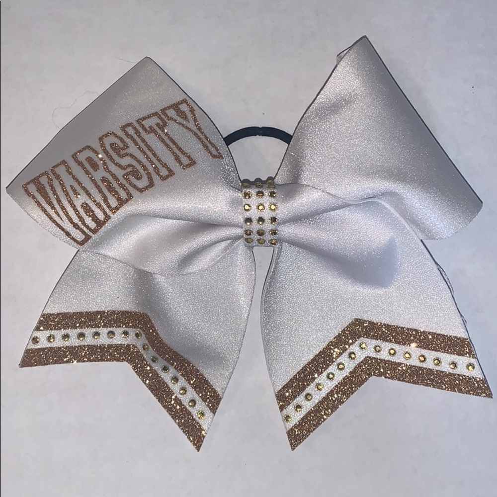 Sparkly White and Gold Varsity Cheerleading Bow